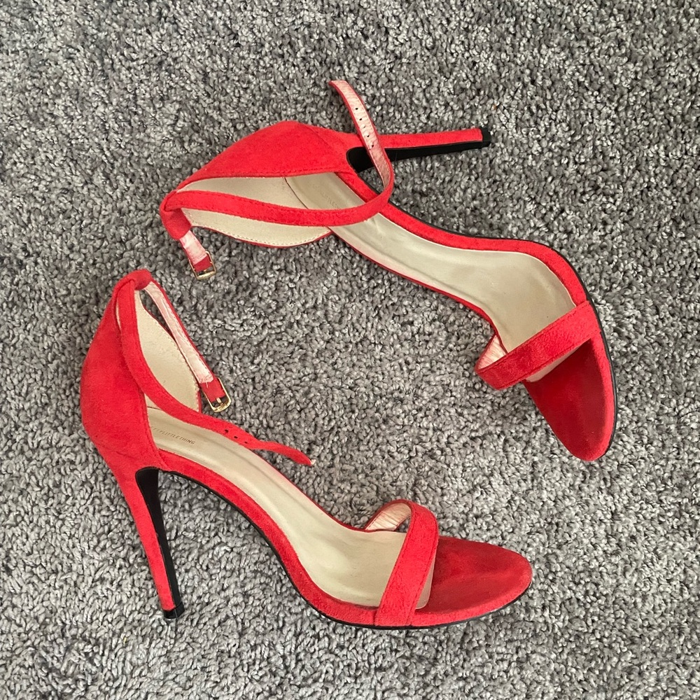 RED suede strap sandal heels pretty little thing